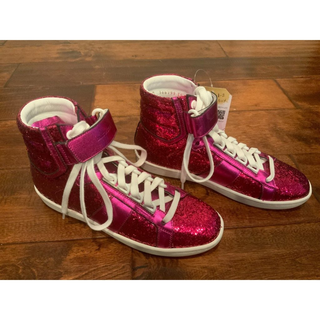 Saint Laurent Dark Pink Glitter High Top Lace-Up Sneakers, Size 5 (Us), 35 (Eu)
